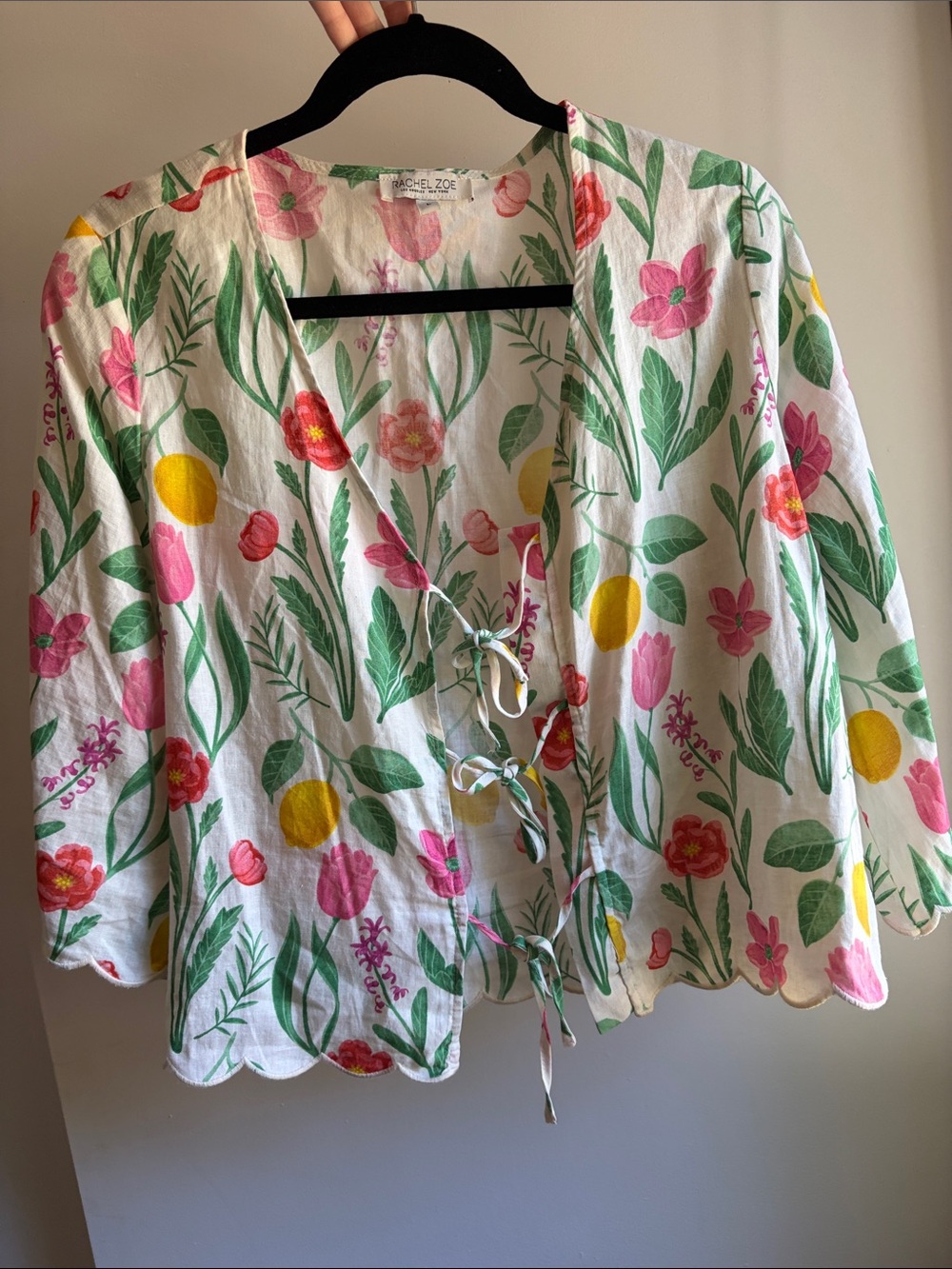 NEW Sz L Rachel Zoe White Floral Tie-Front Tunic Linen blend